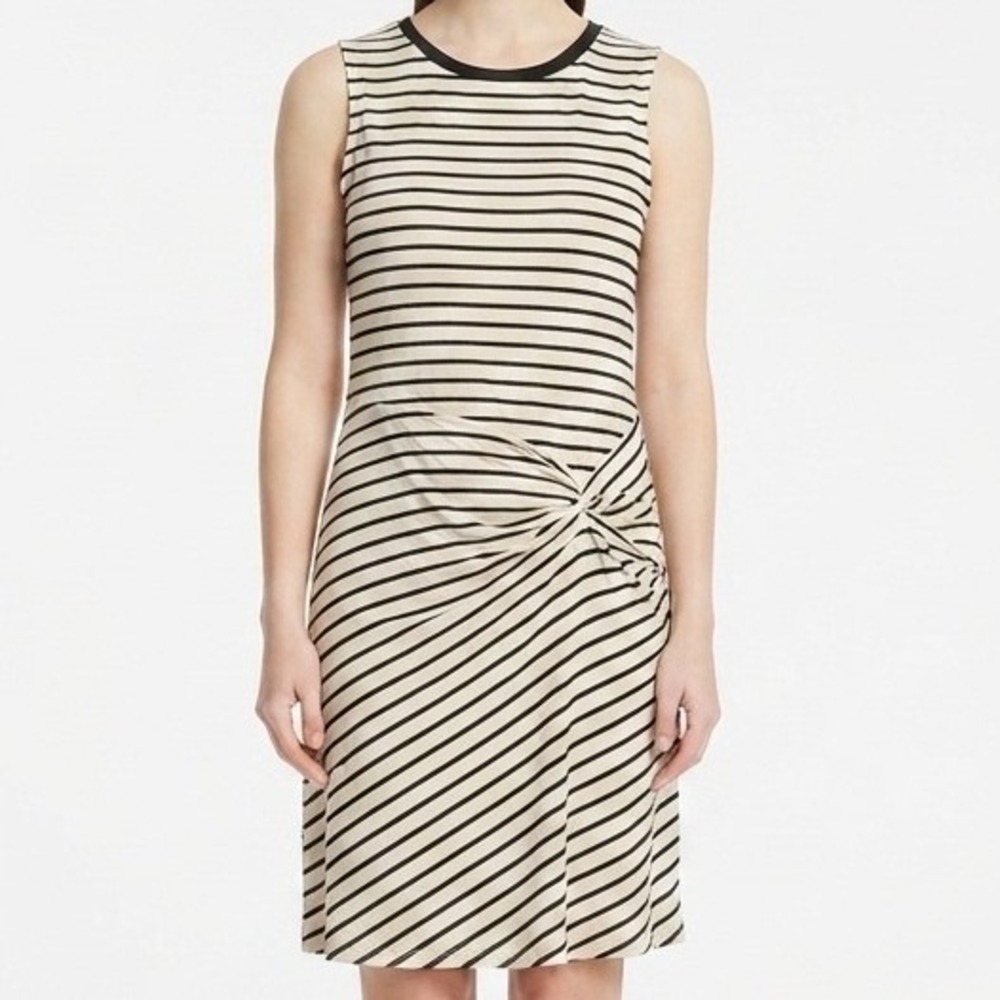 Just Be Side Cinch Dress Womens Large Olive White Striped Sleeveless Knit